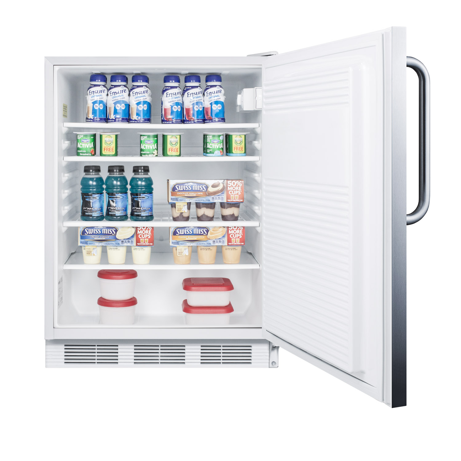ADA compliant built-in undercounter all-refrigerator for general purpose or commercial use, auto defrost w/SS wrapped exterior, towel bar handle, and lock